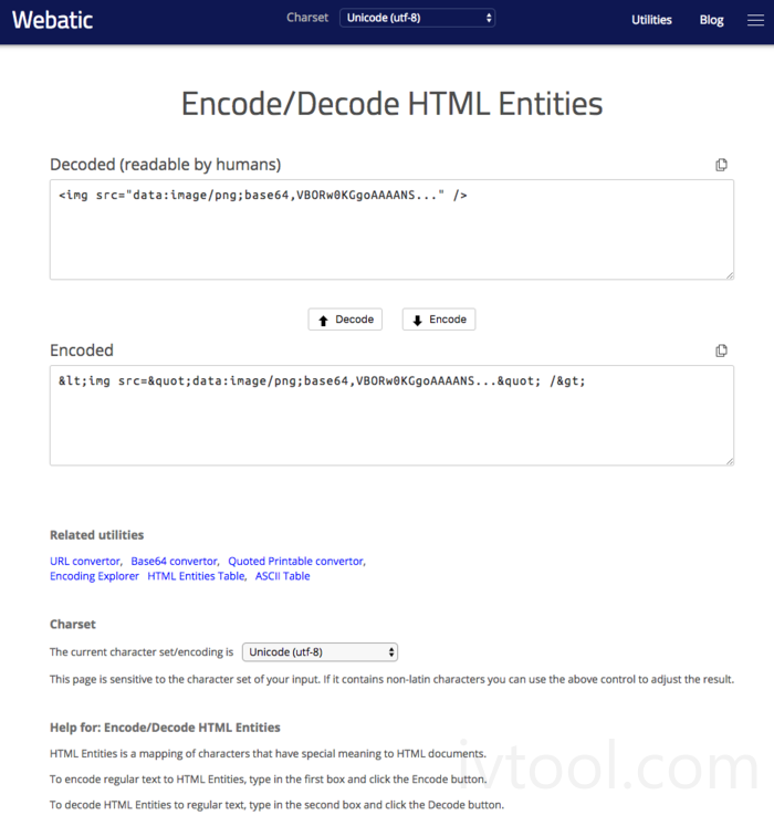 Webatic's Encode/Decode HTML Entities - ivtool.com